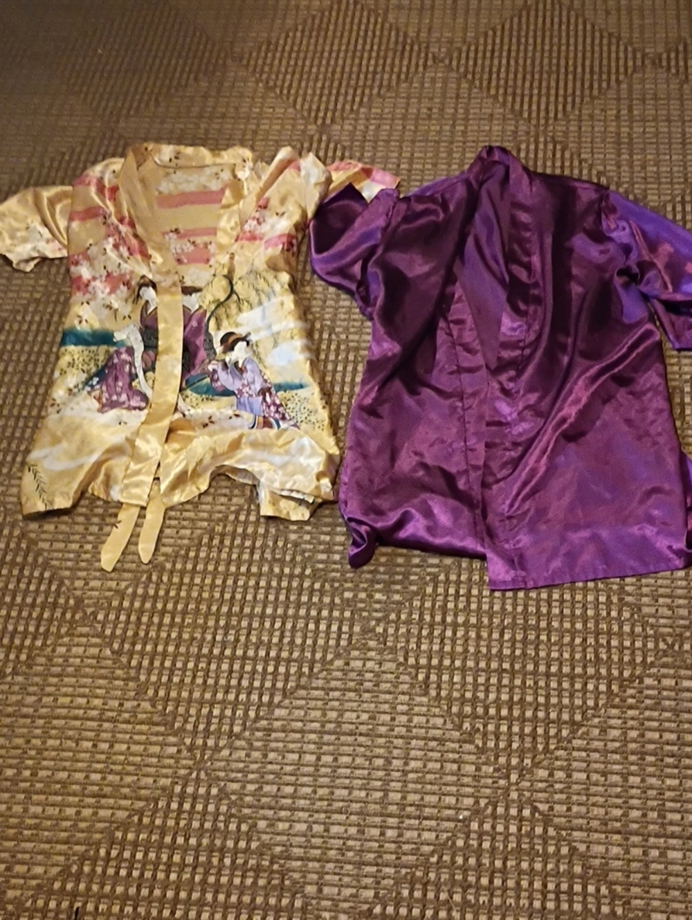 Source Unknown Purple Satin Kimono with Yellow Garden Print Robe 🟣 WO/Belt
